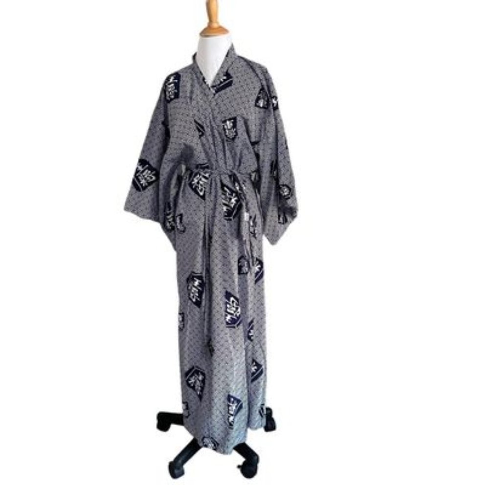 Vintage 60s Japanese Navy Blue White Cotton Kimono Robe One Size